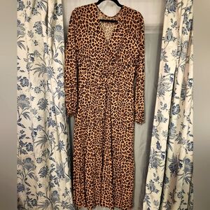 PRETTYGARDEN V-Neck Long Sleeve Tiered Midi Dress L Leopard Print